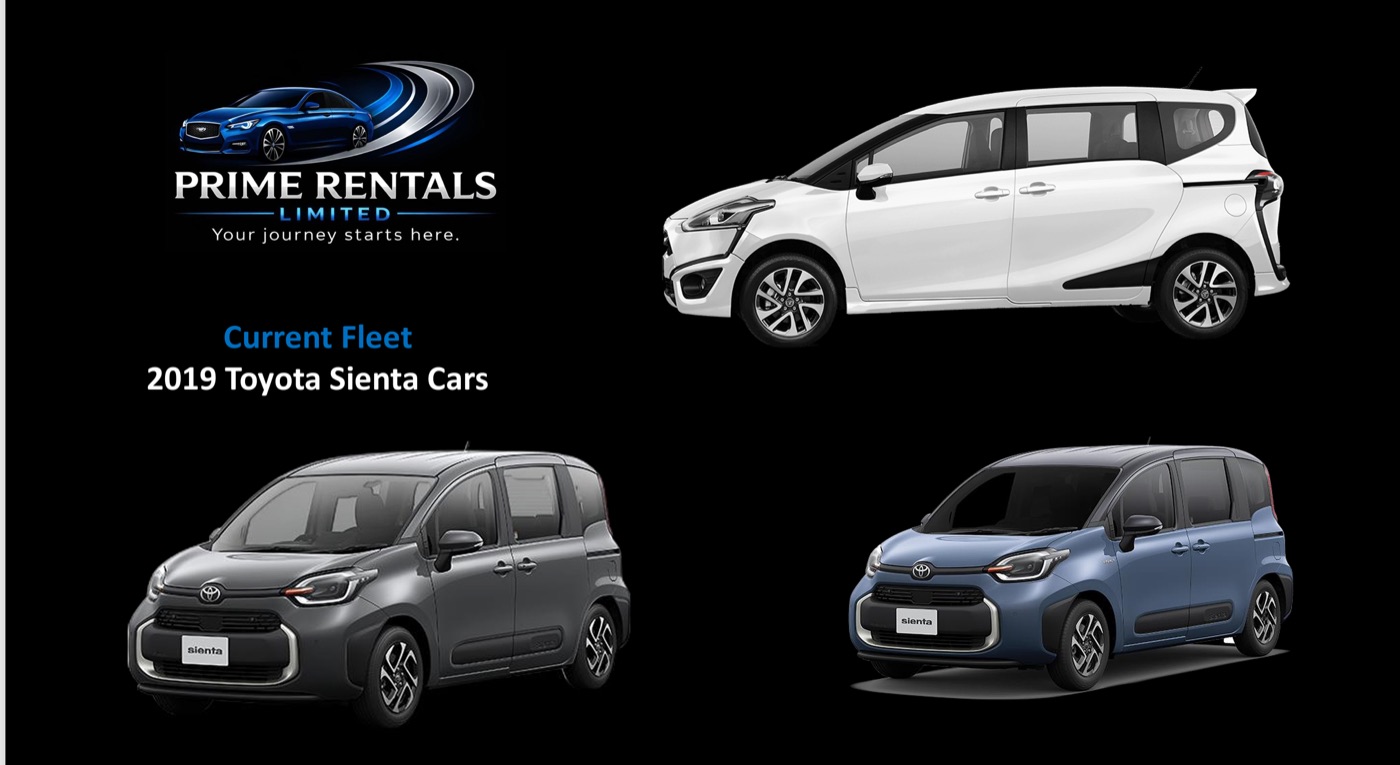 Prime Rentals 2019 Toyota Sienta fleet — three cars in white, gray, and blue.